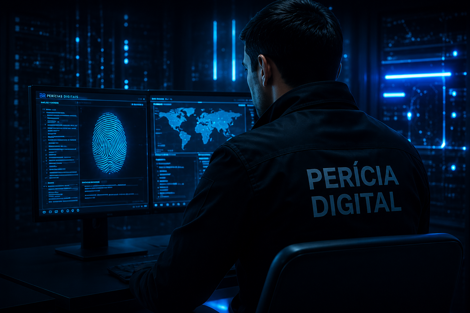 Perito digital analisando dados forenses em múltiplos monitores
